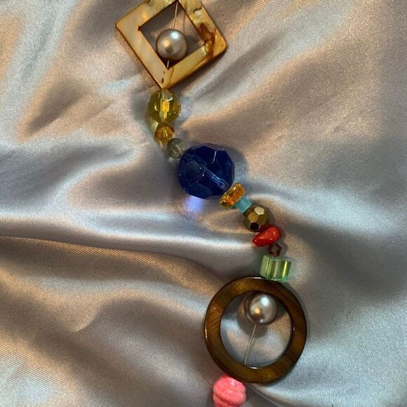 Colorful Long Beaded Statement Necklace Geometric Shapes Boho Retro Style Blue, - Picture 2 of 11